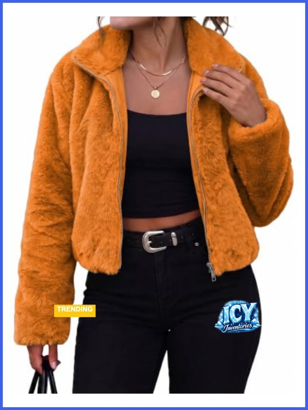 Faux Fur Zip Up Cropped Jacket – Fuzzy Winter Coat, Lapel Collar, Long Sleeve